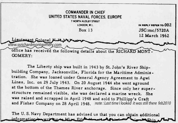 Letter from usa government 1962 wrongly stating that wreck of liberty ship SS Richard Montgomery had been removed.